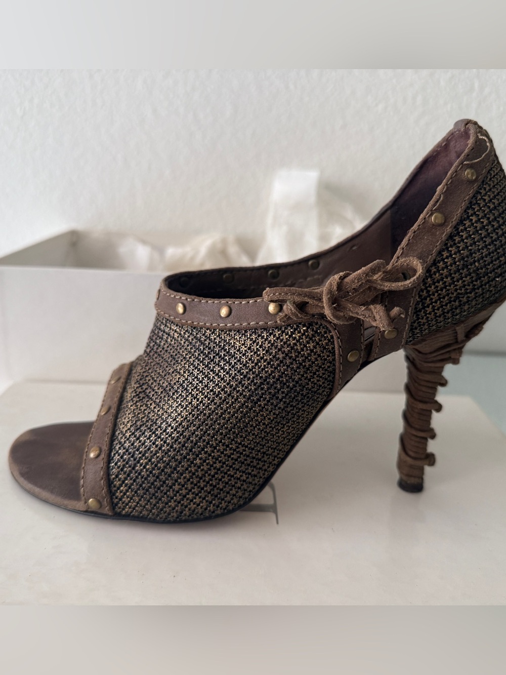 Vintage Dior Y2K Brown Bronze Metallic Woven High Heel Sandal with Stud Accents